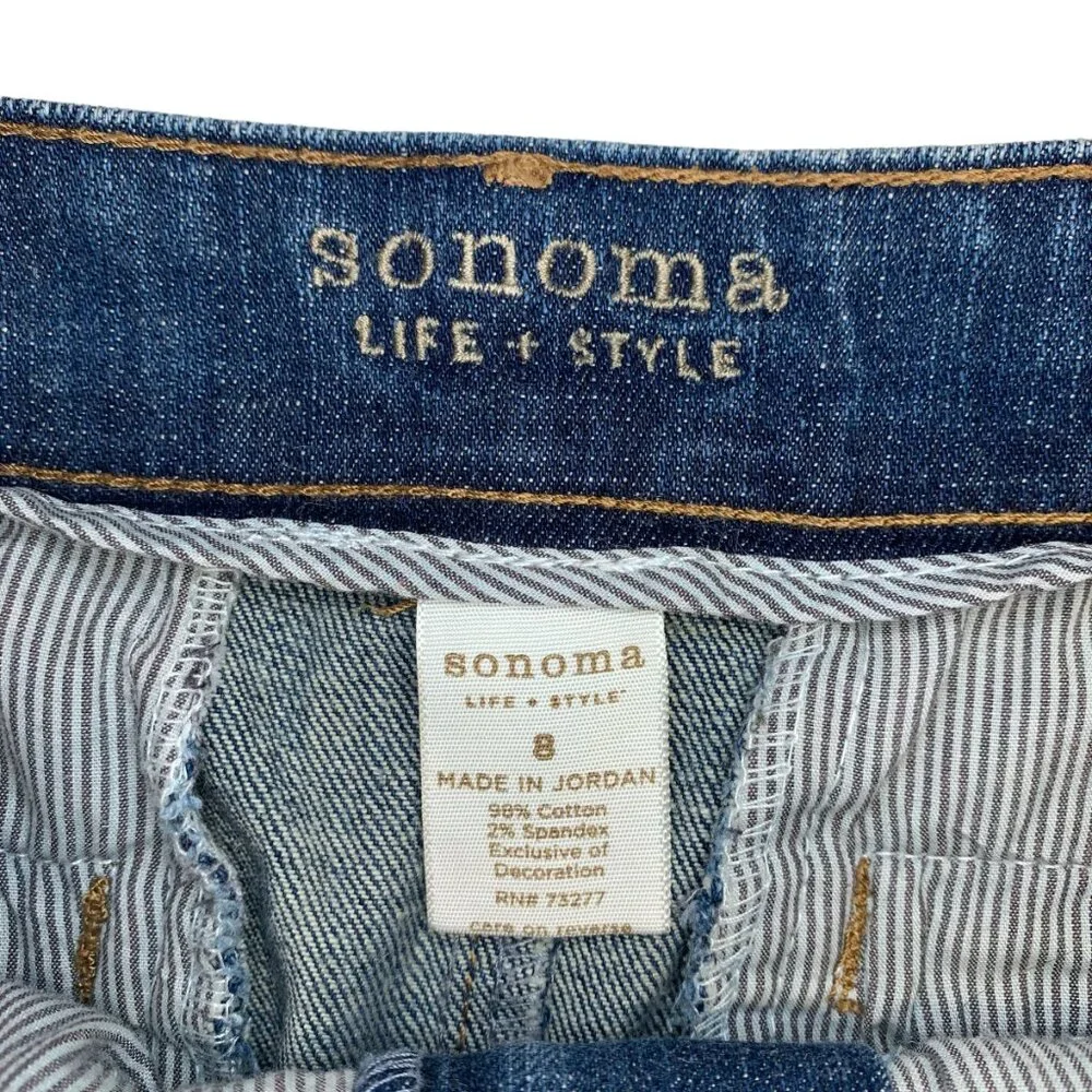 Sonoma Denim Pencil Jean Skirt Flower Applique Boho Crochet Trim Womens 8